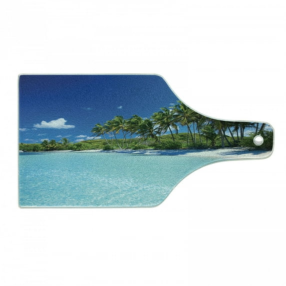 Ocean Cutting Board, Relaxing Beach Resort Spa Palm Trees and Sea Exotic Caribbean Coastline, Tempered Glass Cutting and Serving Board, Wine Bottle Shape, Turquoise Blue Green, by Ambesonne