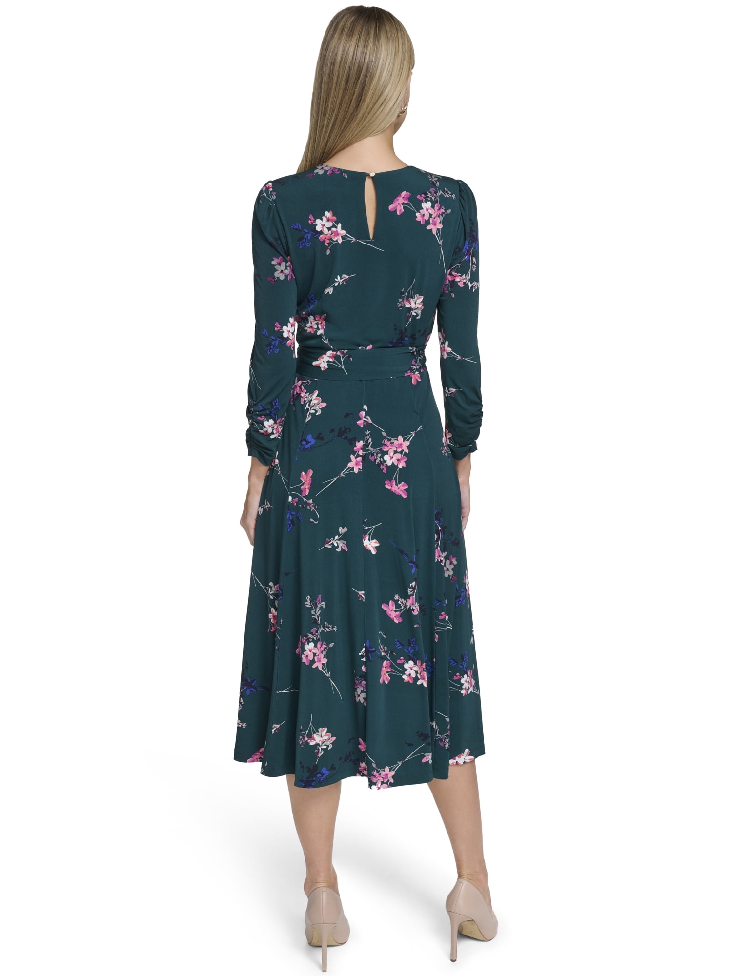 Falling Flowers Women's 3/4 Sleeve Belted Midi Dress, Sizes XS-XL