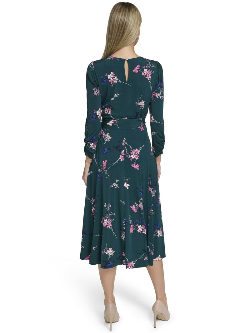 Falling Flowers Women's 3/4 Sleeve Belted Midi Dress, Sizes XS-XL