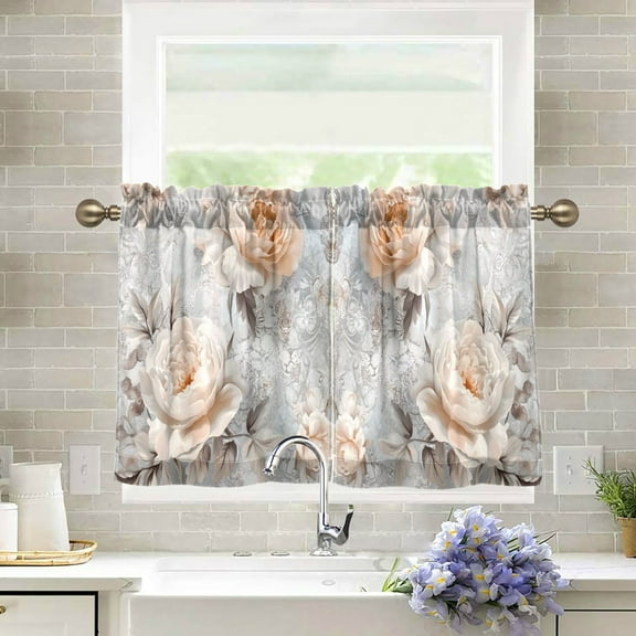 Yayeee Kitchen Curtains Light Filtering 27"x24" Rod Pocket Short Cafe Window Panel, Beautiful Floral