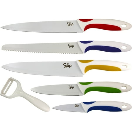 Sterling Fruit Knife Glip 6-Piece Ceramic Steel Knife Set, Includes 8-Inch Chef Knife, 8-Inch Bread Knife, 8-Inch Slicing Knife, 5-Inch Fruit Knife, 3-Inch Fruit Knife, Ceramic Peeler, White ()