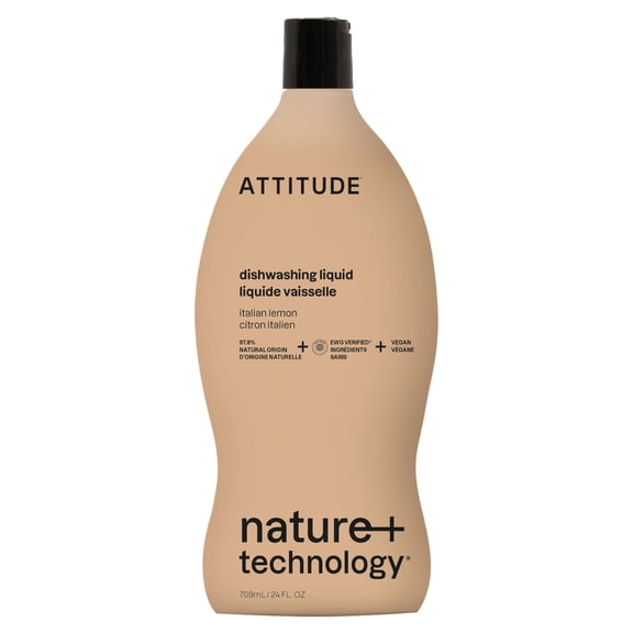 ATTITUDE Washing Up Liquid, Cuts Grease & Removes Food Residue, Gentle on Hands, Plant-Based Cleaning Liquid, Vegan Dish Soap, Italian Lemon, 709 mL