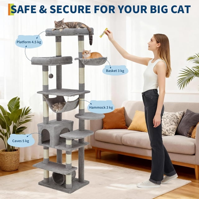 Royalbelle 74Inch Tall Light Gray Cat Tree, Large Cat Tower with Scratching Posts
