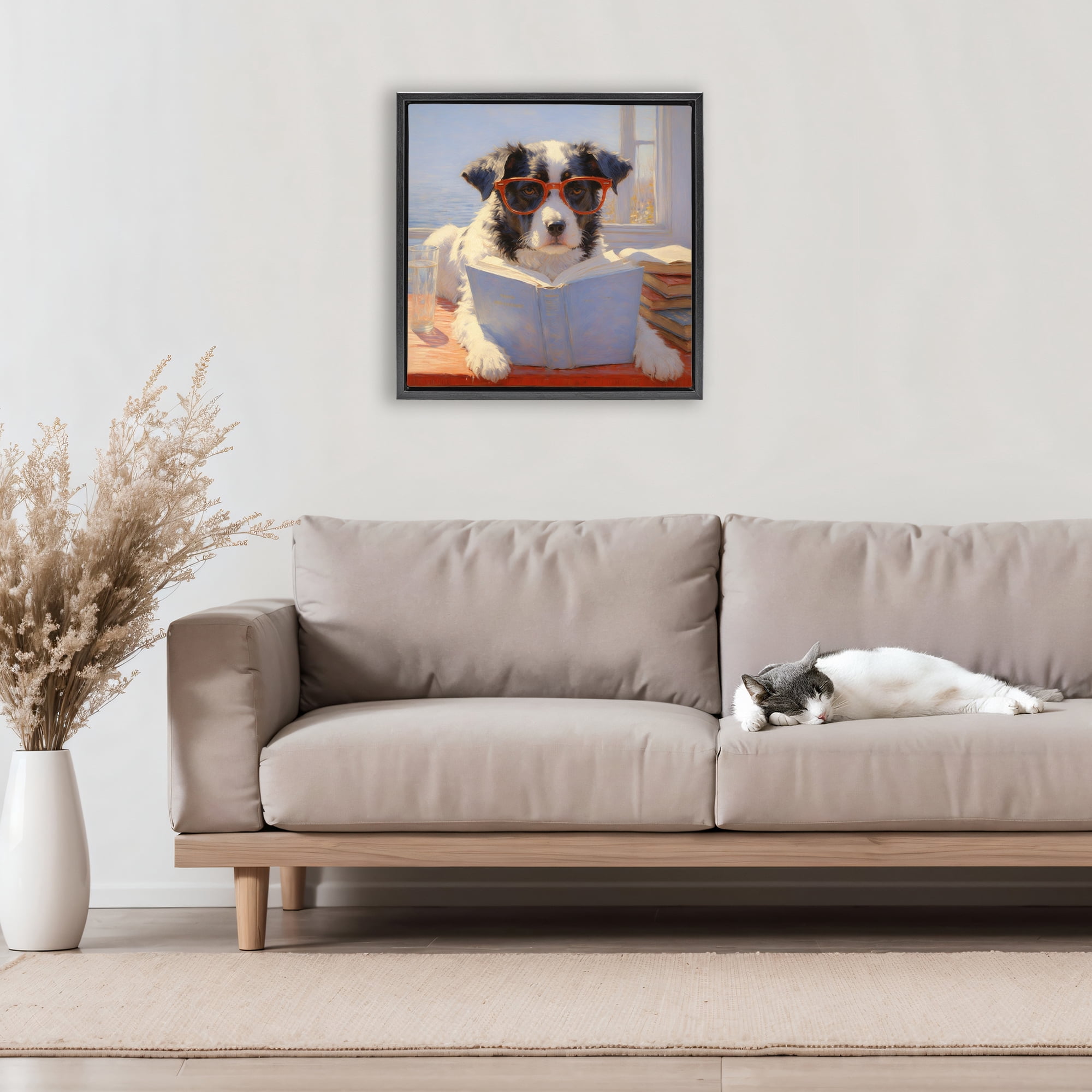Stupell Industries Sunlit Dog Reading By Window Black Framed Floater Canvas Wall Art, design by Angie Hawke