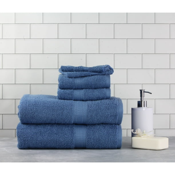 Mainstays Basic Bath Collection 6 Piece Towel Set, Blue (2 Bath, 2