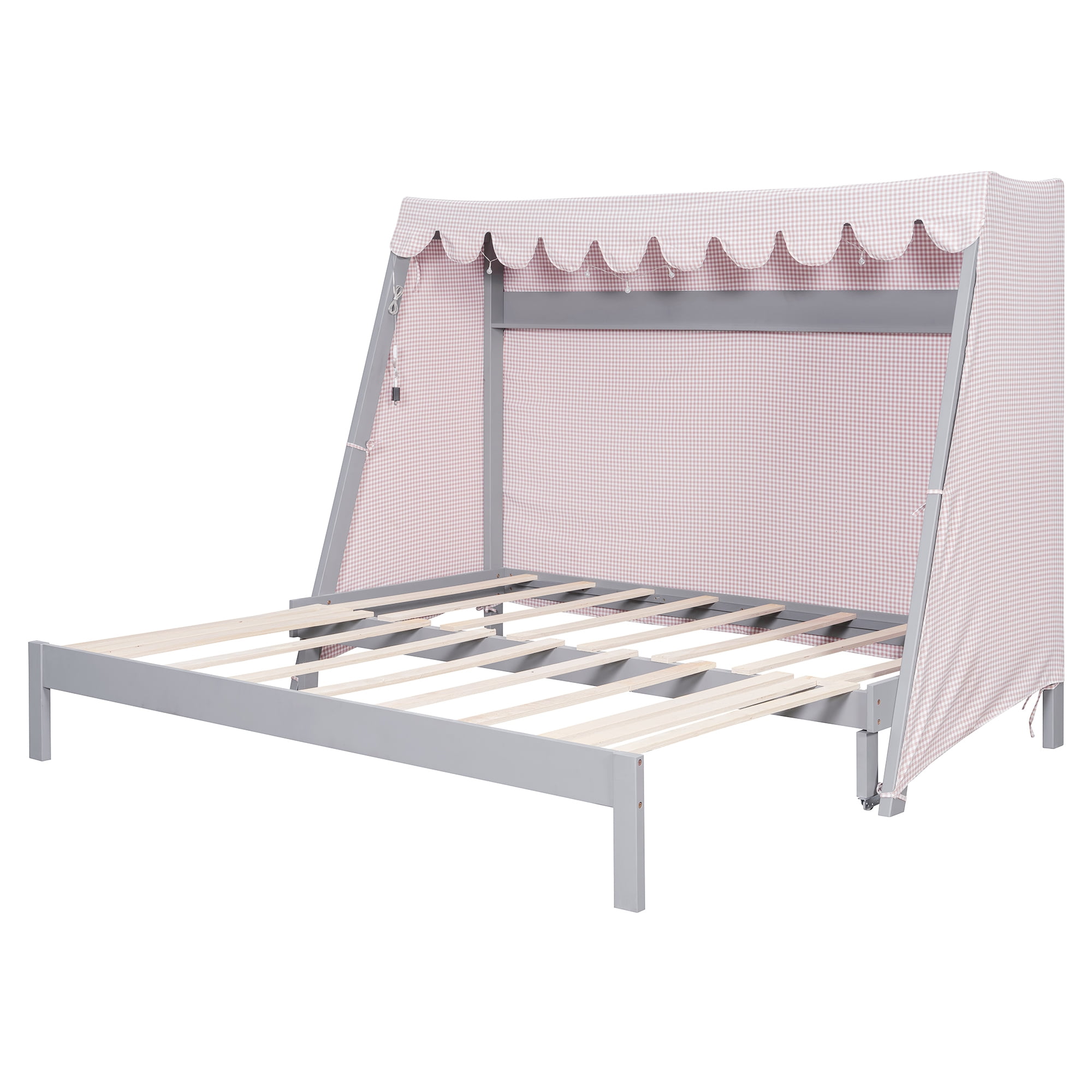 Mintazer Twin XL Platform Bed with LED Light, Trundle, Storage Shelf & Tent for Kids, Gray