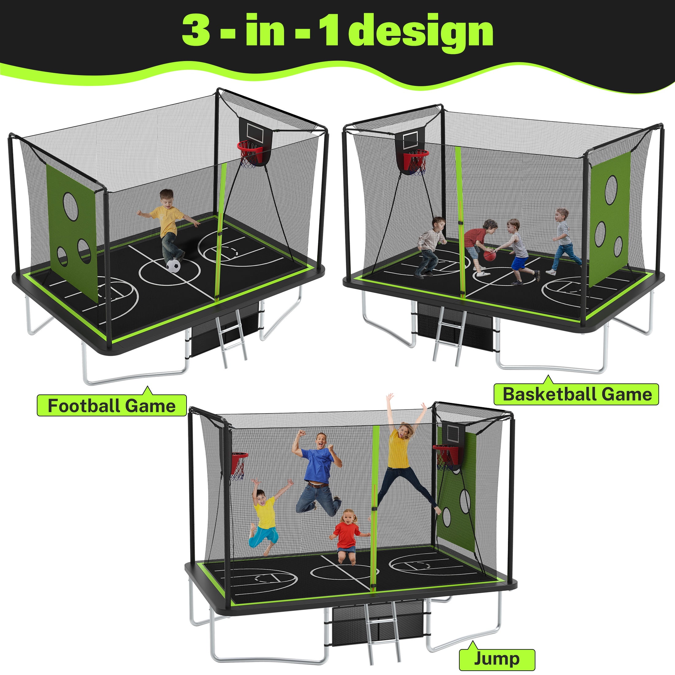 8X12FT Rectangular Trampoline with Enclosure Net, SEGMART Big Outdoor Rectangle Trampoline with Basketball Hoop, Large Square Trampoline 1322LBS Weight Capacity with Storage Bag for Kids, Adults