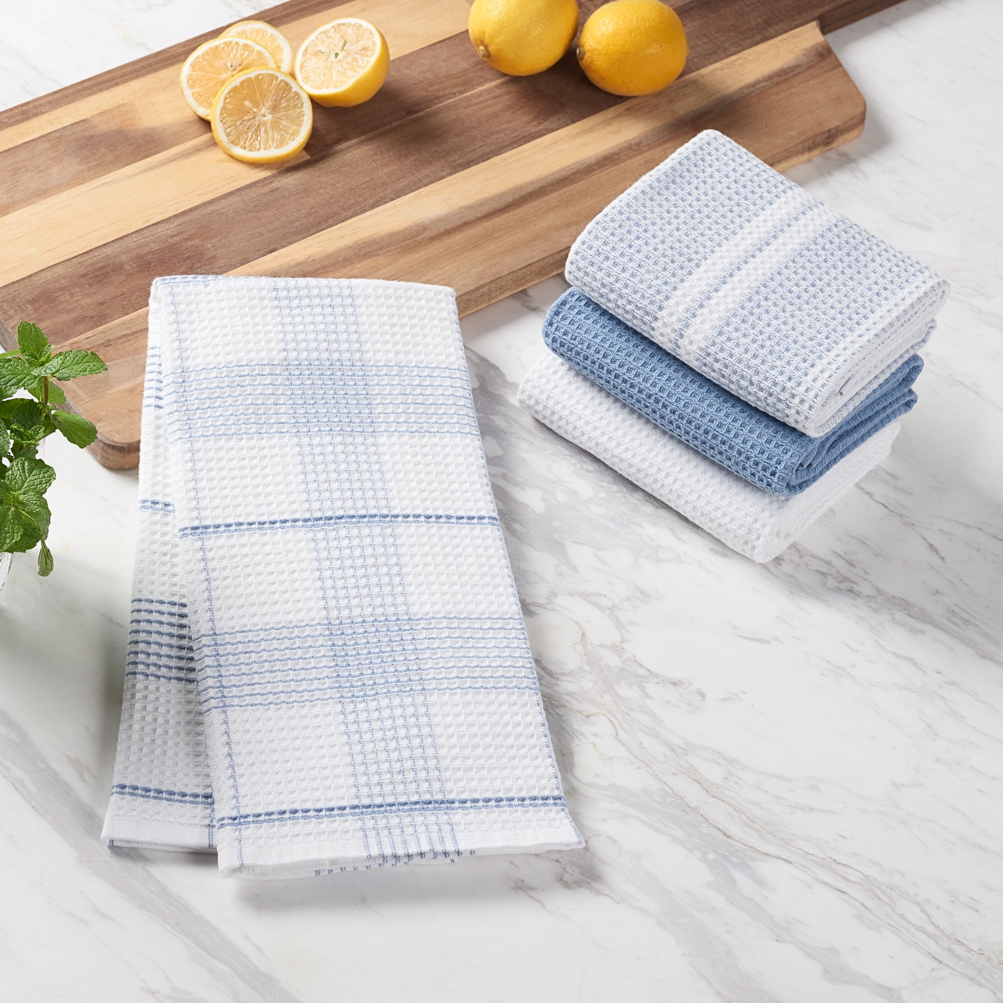All-Clad Absorbent Cotton Oversized Kitchen Towels Set of 4 Blue & White