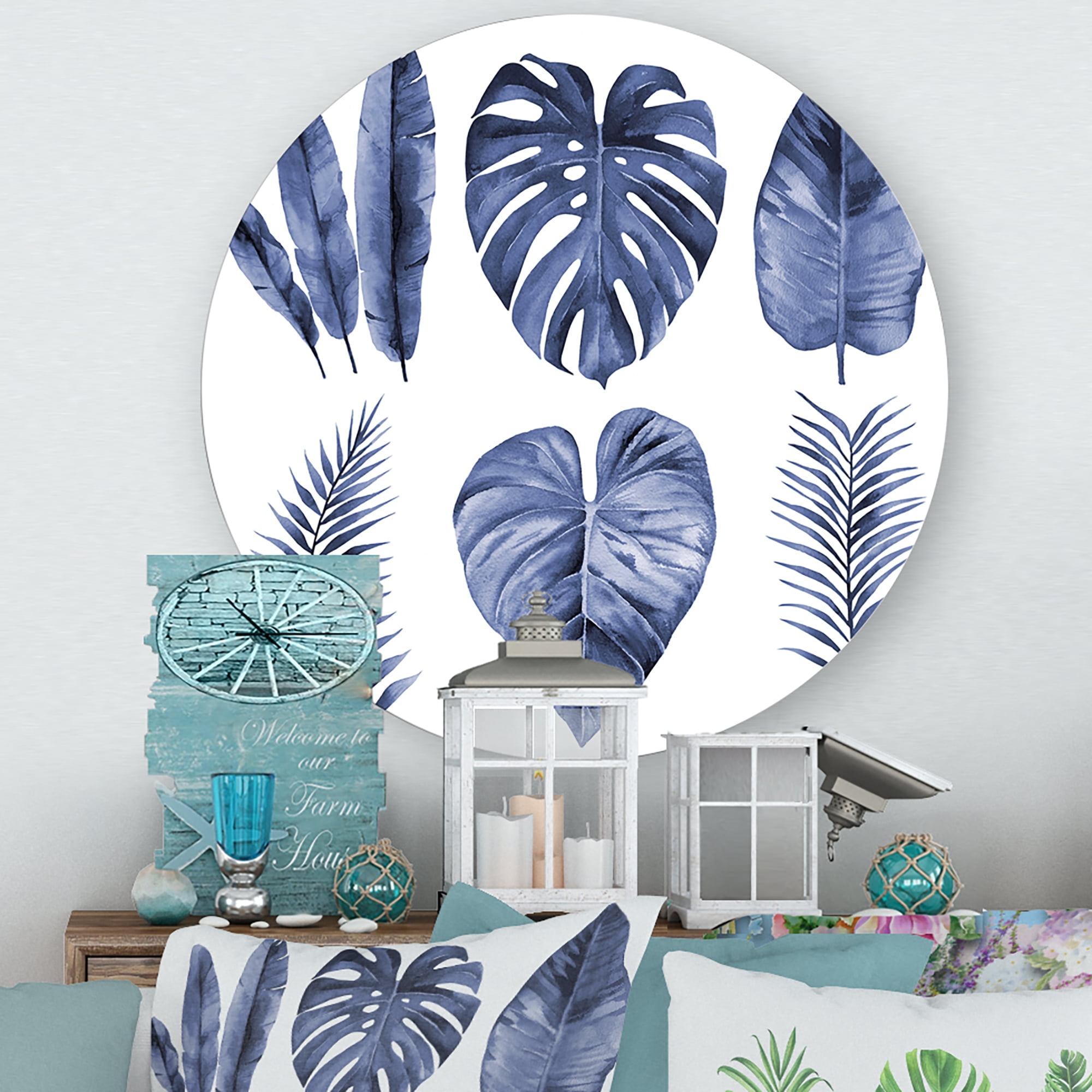 Designart 'Blue Watercolour Tropical Leaves I' Farmhouse Circle Metal Wall Art 23x23 - Disc of 23