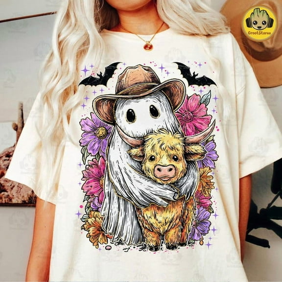 Retro Cute Ghost And Highland Cow Shirt, Spooky Cowboy Ghost Shirt, Floral Autumn Western Cow Shirt, Country Halloween Boo Ghost Shirt