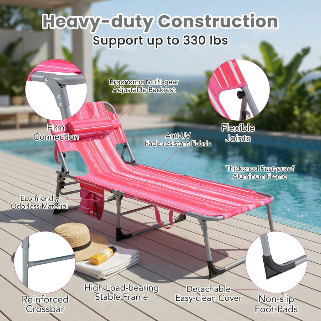 Hommoo Premium Foldable Beach Lounge Chair with Removable Pillow, Adjustable Reclining Outdoor Lounger for Beach, Pool & Patio, Pink