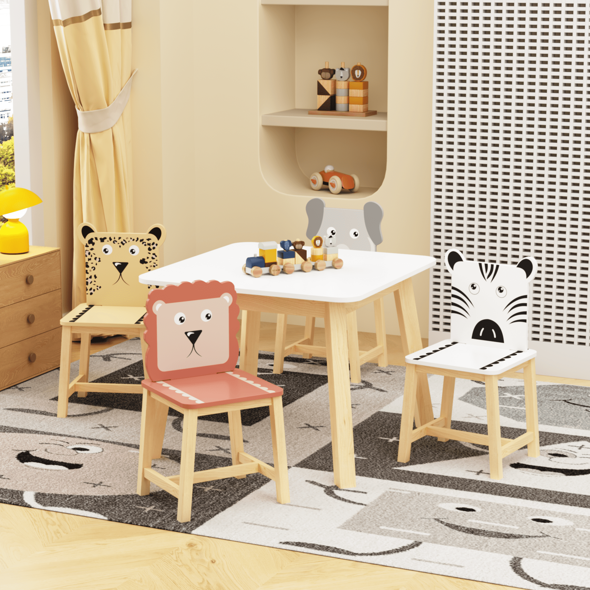 Kids Furniture 5 Piece Kiddy Table and Chair Set , Kids Wood Table with 4 Chairs Set Cartoon Animals (bigger table) (3-8 years old),Baby Furniture