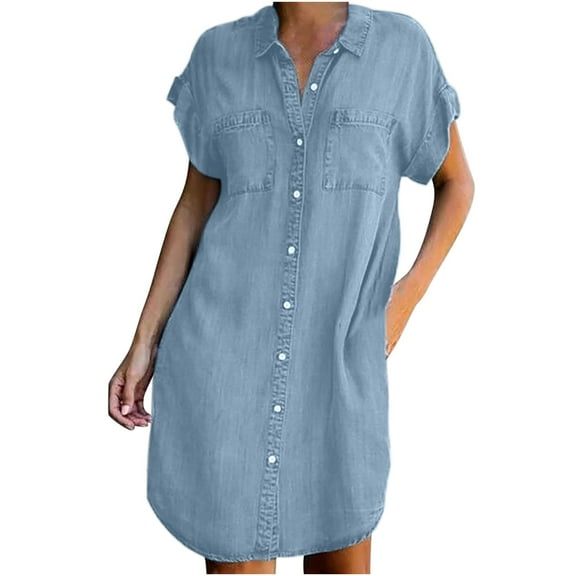 Denim Dresses for Women Plus Size Shirt Dress Button Lapel Short Sleeve Summer Casual Streetwear Dress with Pockets