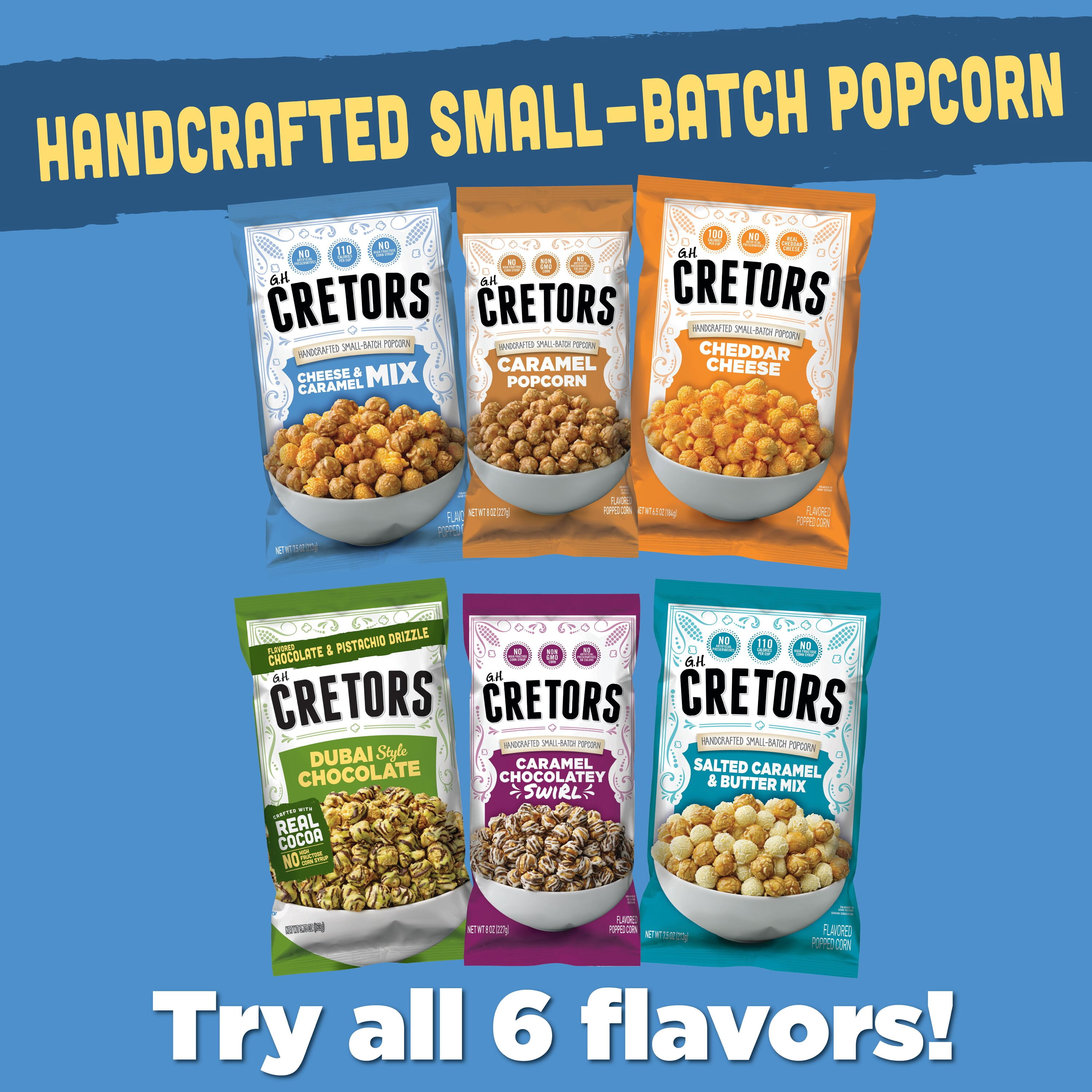 (6 pack) Caramel Chocolatey Swirl Flavored Popped Corn, 8 Ounces Bag.