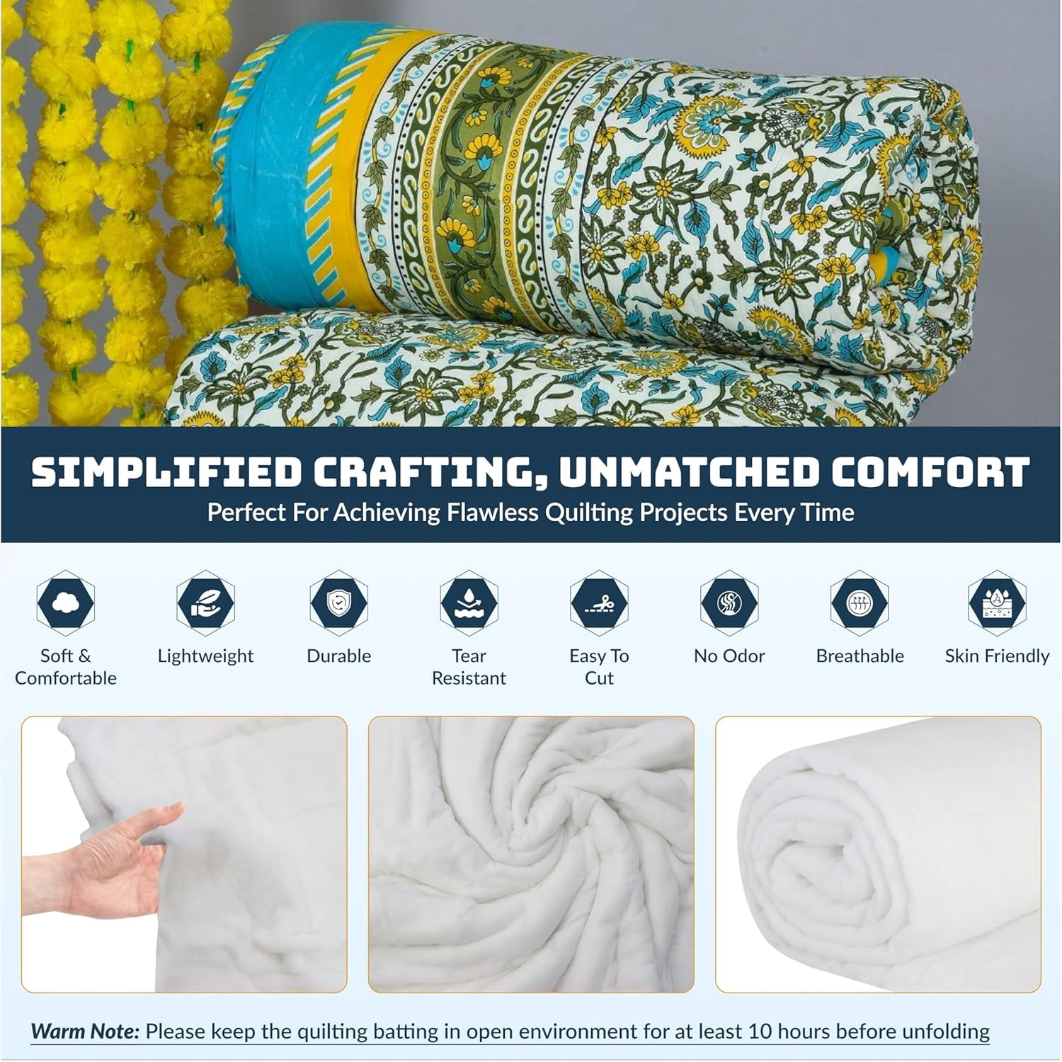SIMOND STORE Quilt Batting 80/20 - Cotton Fabric - 120" x 540" Quilting Batting - Natural Quilt Backing Fabric - Durable, Soft & Machine Washable