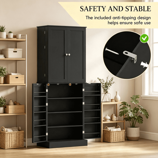 65" Kitchen Pantry Cabinet, 4-Door with 16 Shelves, Black