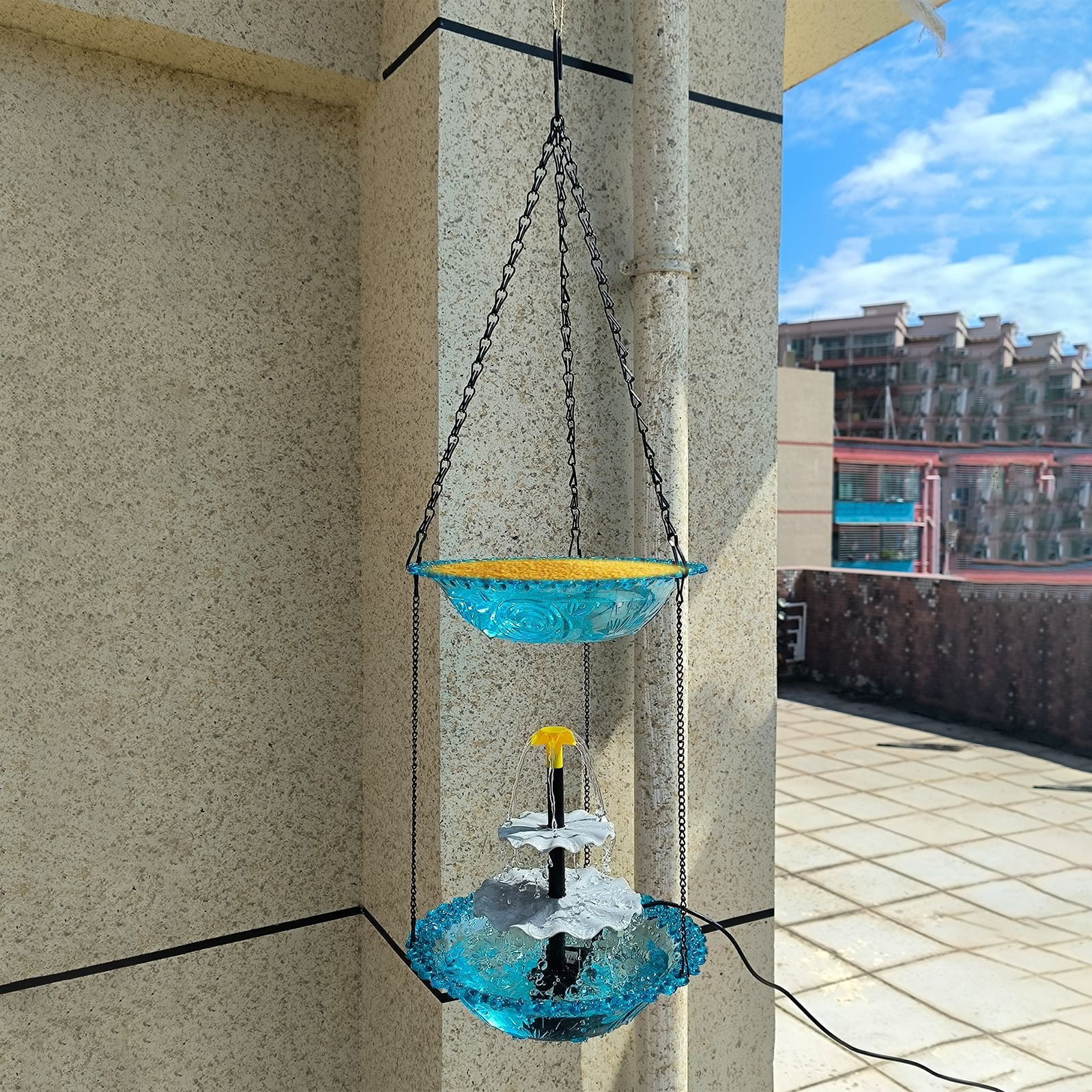 Solar Cascade Hanging Bird Bath Fountain, Double Layer Outdoor Hummingbird Bath with Feeder, Solar Powered Birdbath Water Kit, Decor for Patio Yard Garden