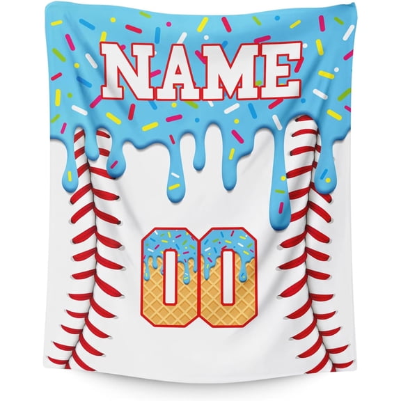 Ice Cream Baseball Blanket for Boys Girls Custom Kids Blanket Gift for Baseball Lovers, Cozy Light Blue Fuzzy Flannel Throw for Living Room Camping Club