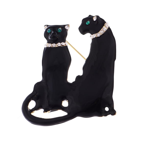 Gold Tone Twin Cheetah Brooch Pin with Black Enamel Spots and Emerald Crystal Eyes