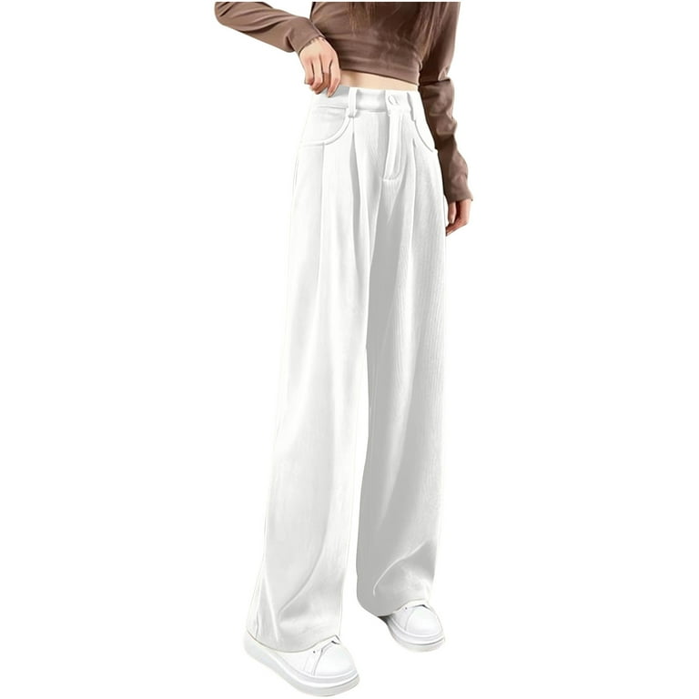 LLYWEY Fleece Lined Dress Pants for Women On Fashion Ladies Solid High Waisted Pants Ladies Drawstring Casual Pants New Winter Pants White XXL,