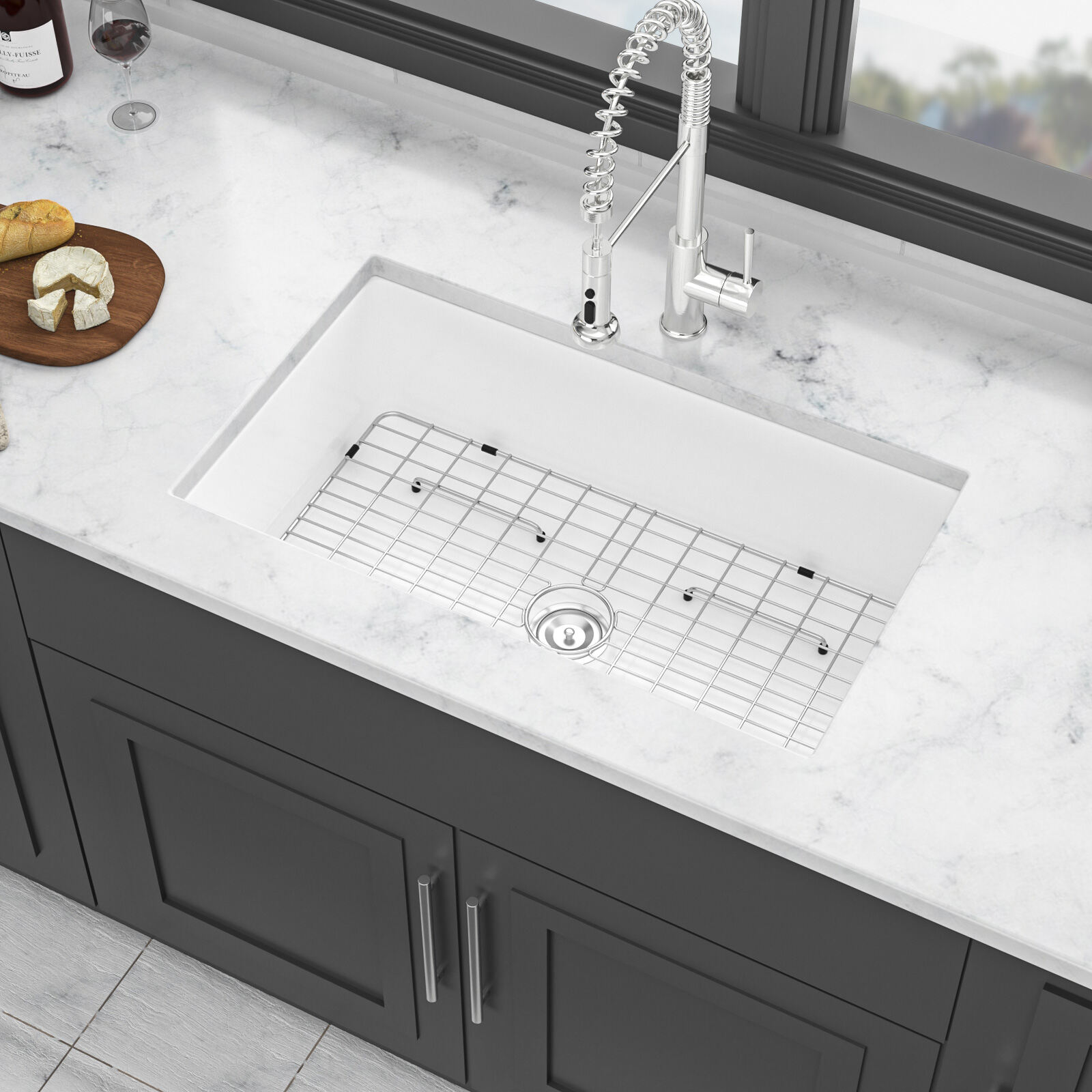 32" Undermount Single Bowl Ceramic Kitchen Sink, Dual Mount White Farmhouse Sink with 10" Depth, Includes Stainless Steel Grid & Basket Strainer