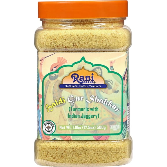 Rani Haldi Gur Shakkar (Turmeric with Indian Jaggery) Indian Unrefined Raw Cane Sugar 17.5oz (1.1lbs) 500g PET Jar ~ Gluten Friendly | Vegan | NON-GMO | Kosher | No Salt or fillers | Indian Product