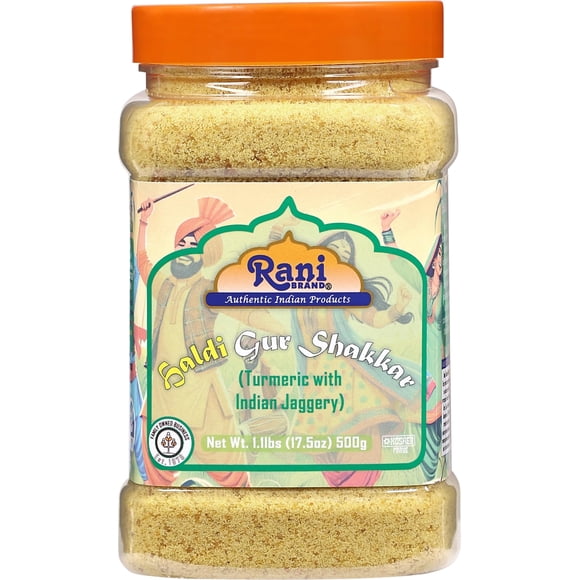 Rani Haldi Gur Shakkar (Curcuma avec Jaggery Indien) Sucre de Canne Brut Non Raffiné Indien 17.5oz (1.1lbs) 500g Pot en PET - Compatible Sans Gluten / Végétalien / non-OGM / Casher / Sans Sel Ni Agents de Remplissage / Produit Indien