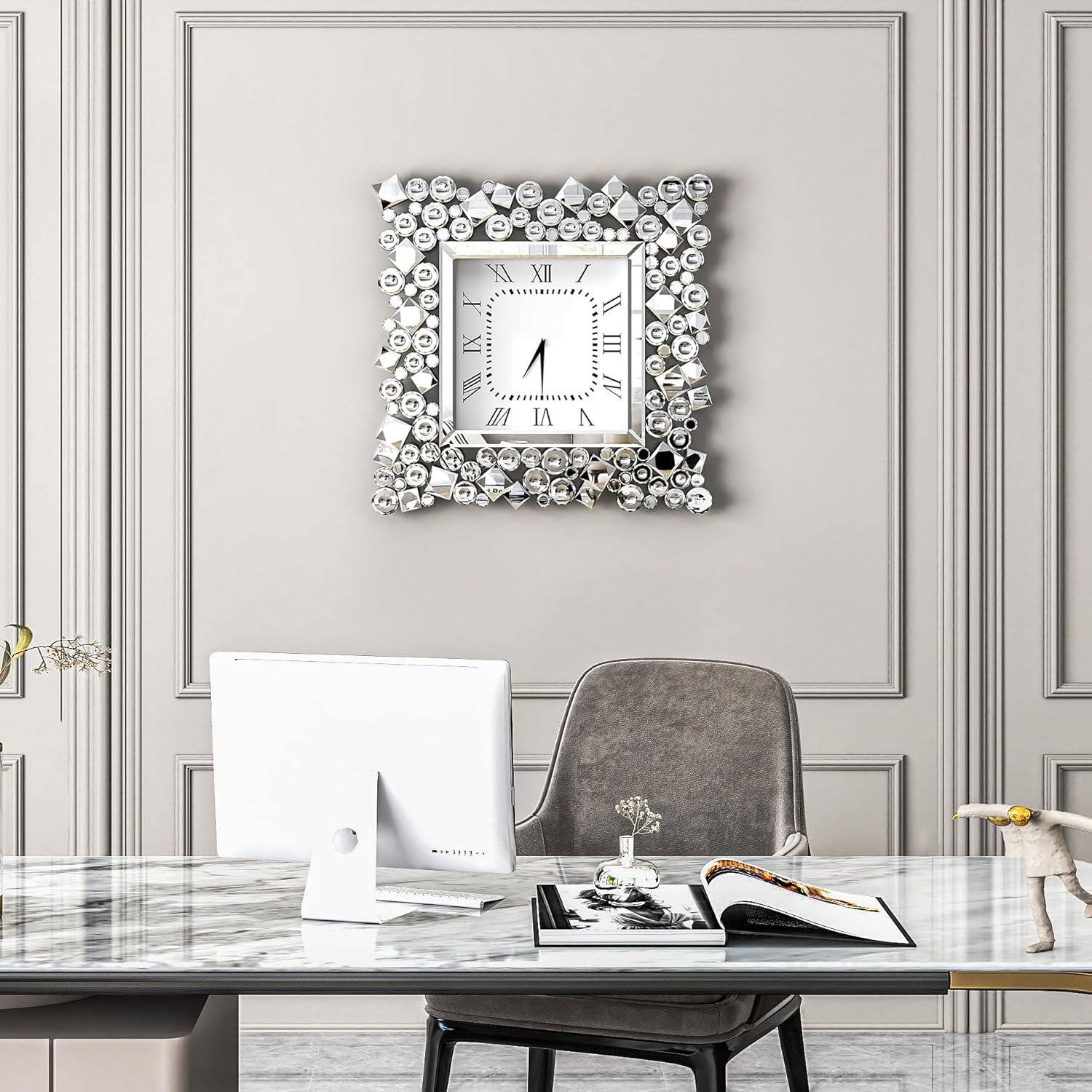 SHYFOY 20" Crystal Wall Clock, Modern Square Mirror Wall Clock with Roman Numerals, Silent Non-Ticking Luxury Wall Decor for Living Room Bedroom Office