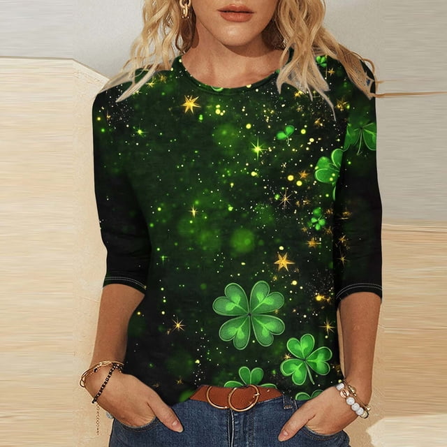 TaTaai St. Patrick's Day Women's Casual Print Round Neck 3/4 Sleeve T-Shirt Loose Top Gift