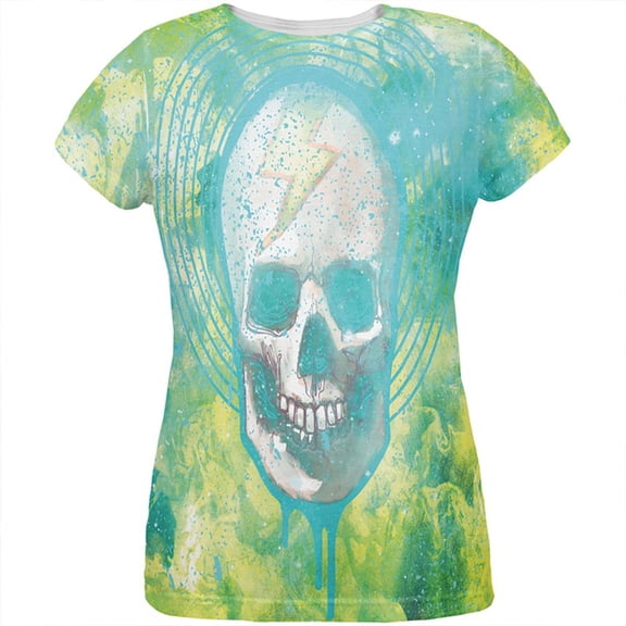 Halloween Lightning Bolt Skull Distressed Plasma All Over Womens T Shirt Multi LG