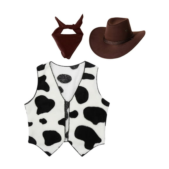 iiniim Kids Cowboy Cowgirls Roleplay Outfits Cow Print Vest Waistcoat Tops with Bandana Hats Set Coffee 8