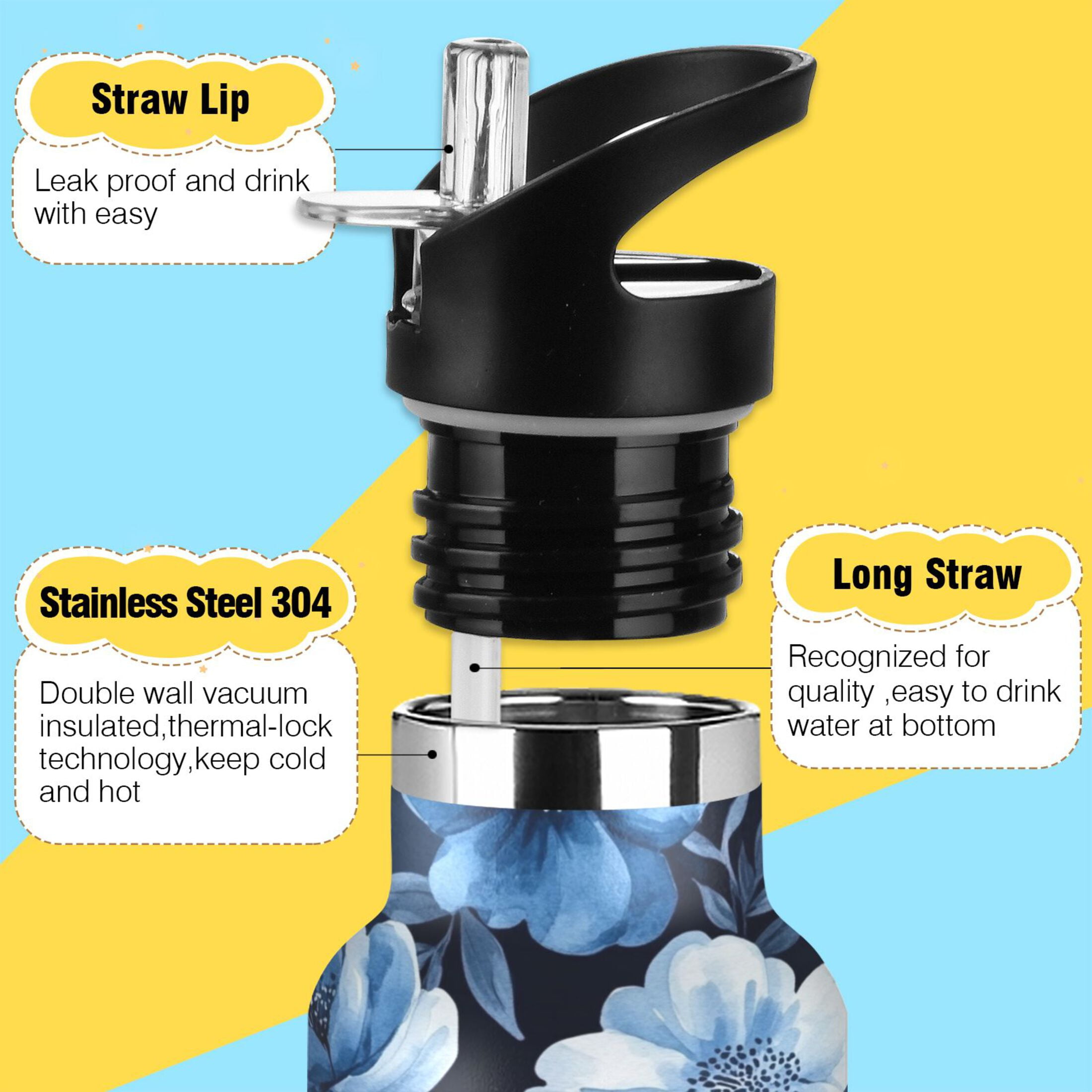 600ML Stainless Steel Insulated Cup Sports Water Bottle Portable Thermos Cup Water Glasses Insulated Tumblers Convenient and Durable Vibrant Blue Flowers