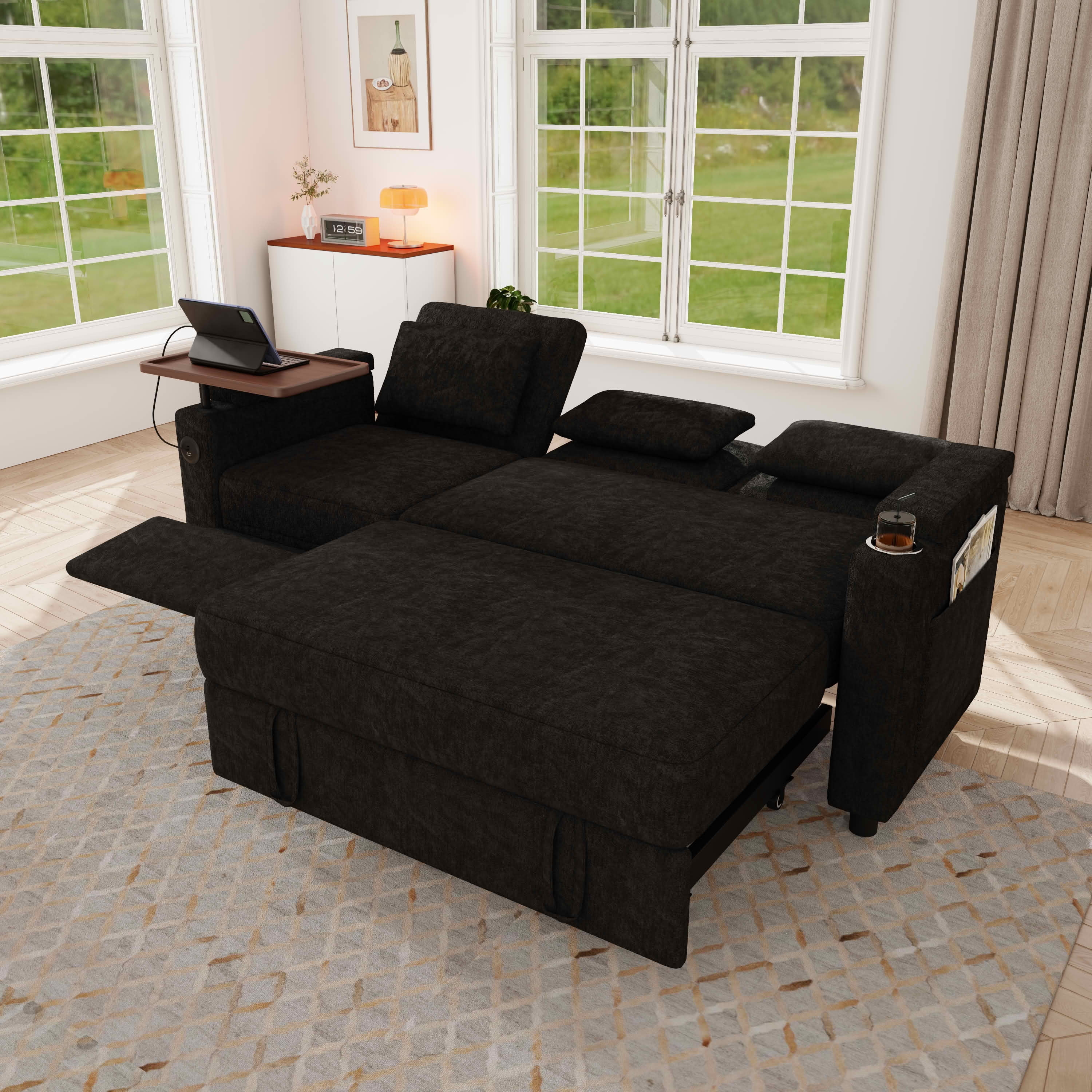 MAYEERTY 83-Inch Black Chenille 3-Seat 3-in-1 Foldable Sofa Bed, Modular Couch with Adjustable Backrest, USB Ports, Table Board & Storage Armrests