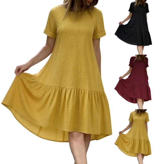 Women's 2026 Fit And Flare Dress Women's Summer Solid Color Round Neck Short Sleeve Ruffle Midi Dress Black L