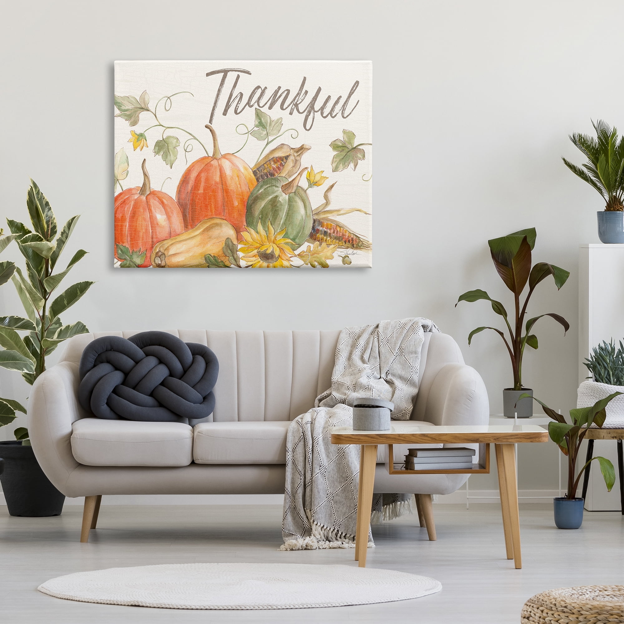 Stupell Industries Thankful Sentiment Autumn Pumpkin Corn Harvest Food & Beverage Painting Gallery Wrapped Canvas Print Wall Art, 36 x 48
