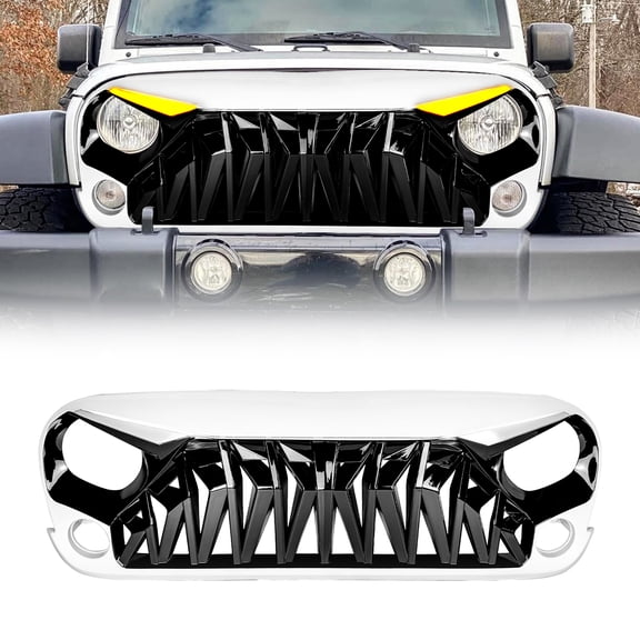 AMERICAN MODIFIED Front White Black Shark Grille w/Eyebrow DRL for 2007-2018 Jeep Wrangler JK JKU