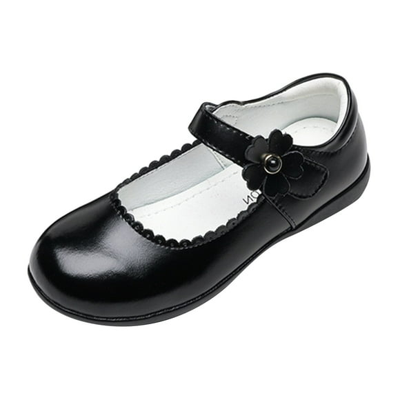 GiLiling Flats Shoes for Girls, Mary Jane School Uniform Dress Shoes, Closed-Toe PU Leather Ballet Flats with Flower Strap, Flat Heel for Formal Daily Occasions (Black, 14-14.5 Years)