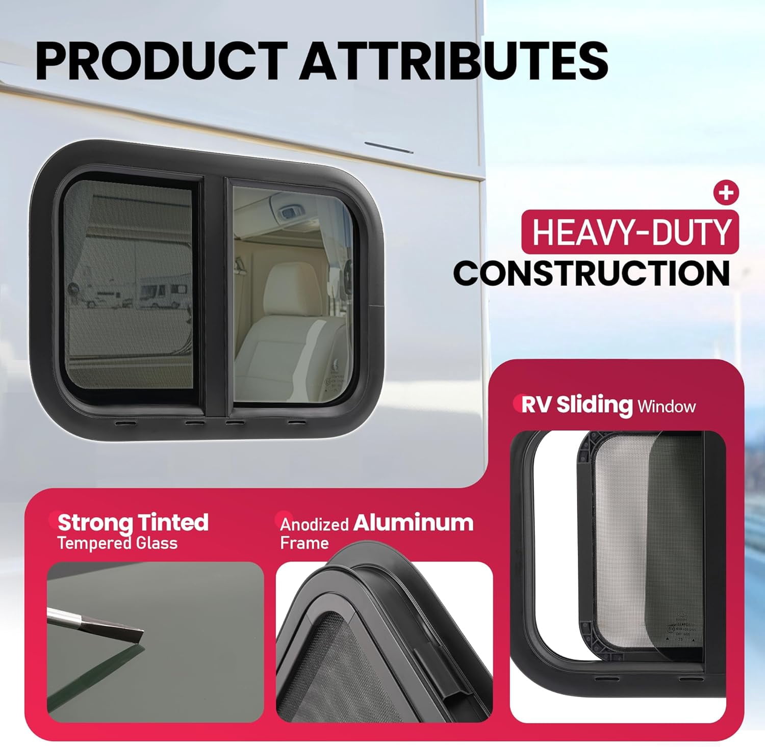 KOJEM RV Windows 21" W x 14" H w/Mesh Screen & Trim Ring 2 Pack Horizontal Window Tinted Universal Teardrop Side Window For Truck Camper Trailer Tempered Glass Aluminium Plastic Rubber Black