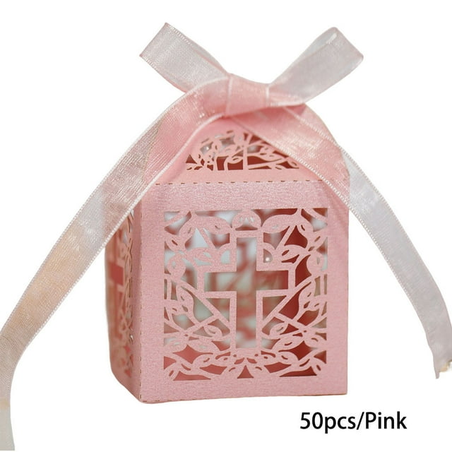 50 Pieces Gift Boxes Snack Romantic Packing Container Chocolate Cookie Package Holder Paper Decorative Atmospheres Packing Ribbon Hollow Container Pink