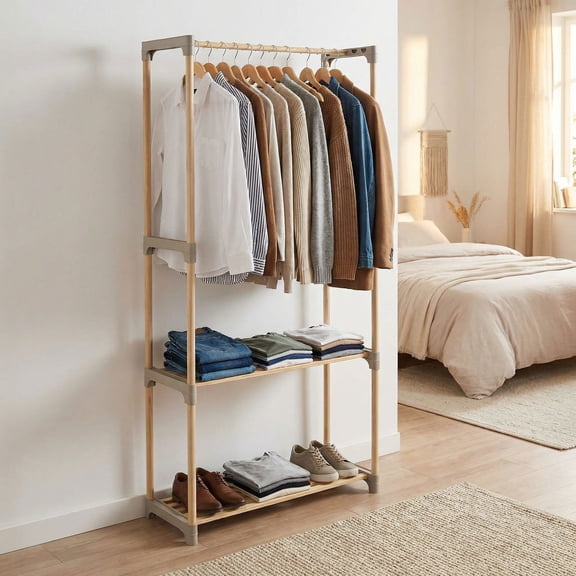 Resenkos Pine Wood Clothes Rack, 2-Tier Open Storage Shelf Garment Hanger for Bedroom, Laundry Room, Gray