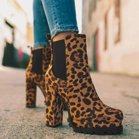 

TALKVE Women Leopard Print Ankle Boots Pointed Toe High Heels Shoes