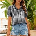 thumbnail image 6 of Ruimatai Womens Gingham Ruffle Trim V Neck Puff Short Sleeve Blouse Casual Loose Fit Tops for Daily Wear Office Vacation, 6 of 8