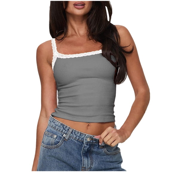 UYISJ Womens Lace Trim Spaghetti Strap Tank Top Square Neck Sleeveless Camisole Y2K Slim Fit Crop Tops Ribbed Knit Going Out Cami Tops Gray XL