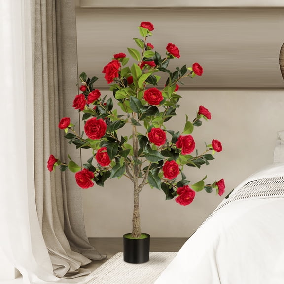 1.2M Artificial Camellia Tree, Single Red Camellia Tree with Lifelike Flowers & Leaves for Indoor Outdoor Decor
