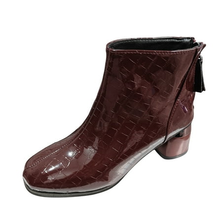 

PMUYBHF Ladies Fashion British Style Solid Color Shiny Leather Back Zipper Thick High Heel Ankle Boots 37.98
