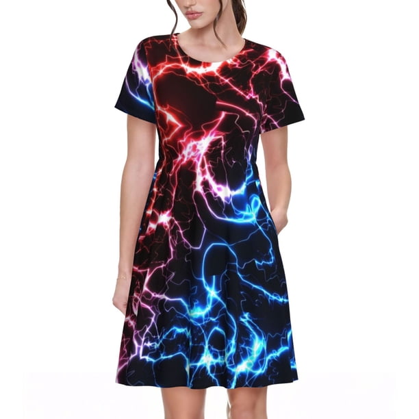 Balery Red And Blue Lightning Vestidos sueltos de manga corta para mujer, vestidos de verano 2025, vestidos casuales de corte A con vuelo.