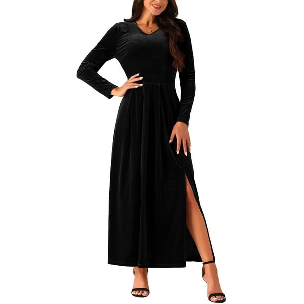 INSPIRE CHIC Women's Elegant V Neck Dresses Long Sleeve High Waist Split Hem Cocktail Party Maxi Velvet Dress Black S S Black