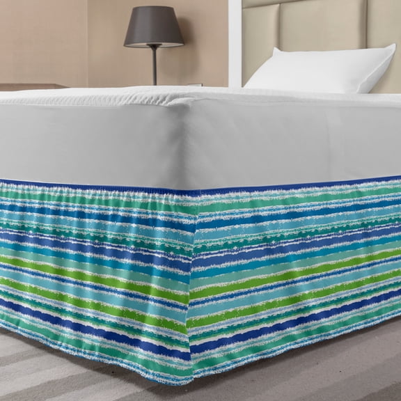 Vintage Stripe Bed Skirt, Grunge Funny Horizontal Stripes in Green and Blue Tones Pattern, Elastic Bedskirt Dust Ruffle Wrap Around for Bedding Decor, 4 Sizes, Multicolor, by Ambesonne