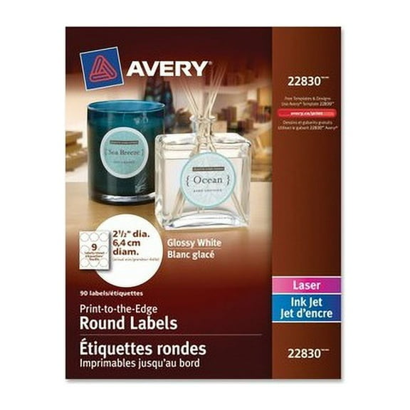 Avery Circle Labels - Sure Feed Technology Permanent Adhesive - 2.50" Diameter - Round - Laser, Inkjet - White - Paper - 9 / Sheet - 10 Total Sheets - 90 Total Label(s) - 90 / Pack