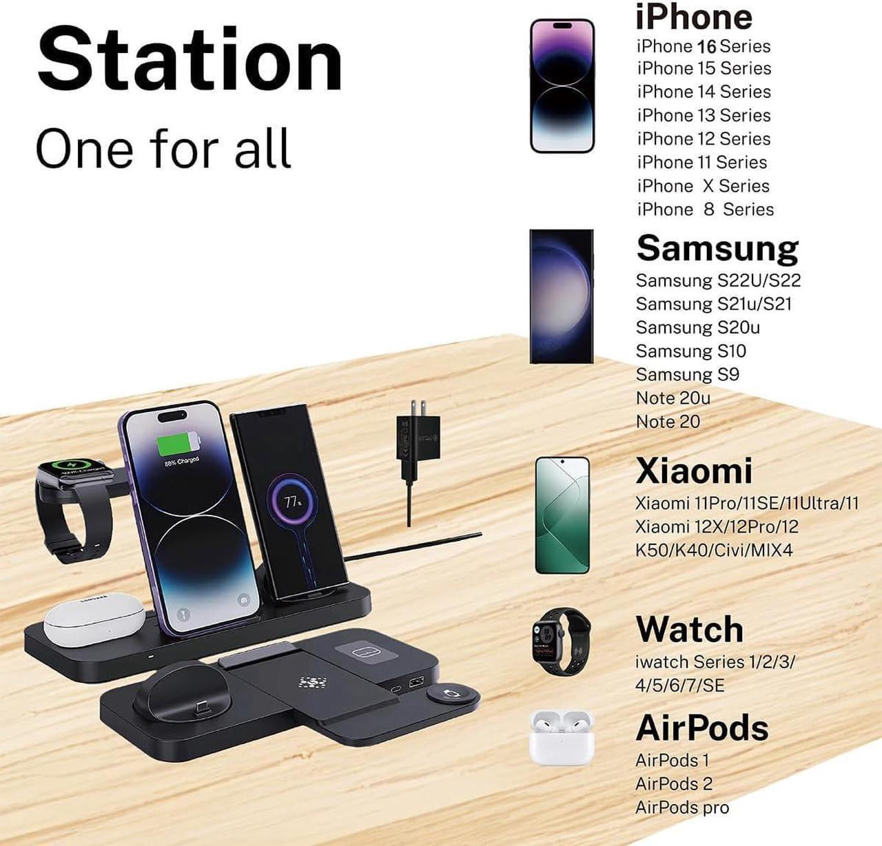 6-in-1 Fast Wireless Charging Station for iPhone 16/15/14/13 Series, Apple Watch Ultra/9/8/7/6/5/4/3/2/1, AirPods Pro/1/2,18W Qi-Certified Wireless Charger with QC 3.0 Adapter